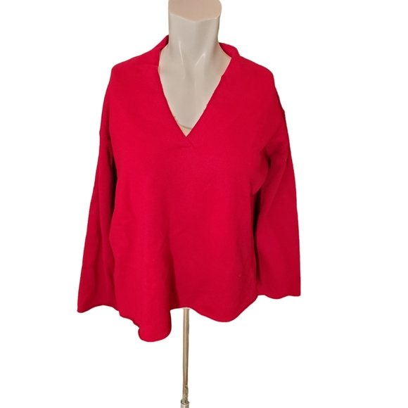 Eileen Fisher Red Italian Wool V-Neck Bell Sleeve Pullover Sweater sz M - Picture 1 of 5